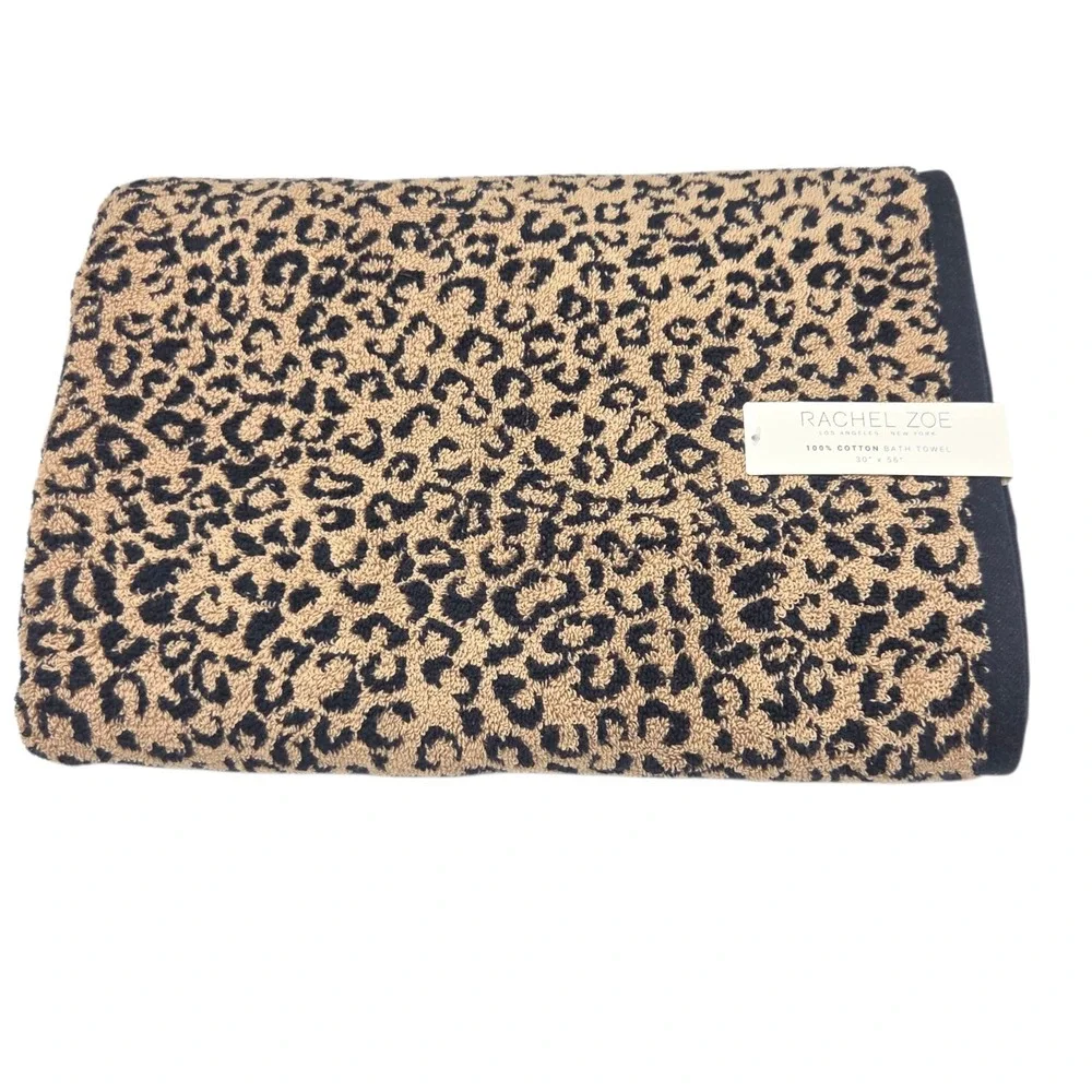 Rachel Zoe Leopard Cheetah Print Cotton Bath Towel 30x56 Black Ginger  Reversibl